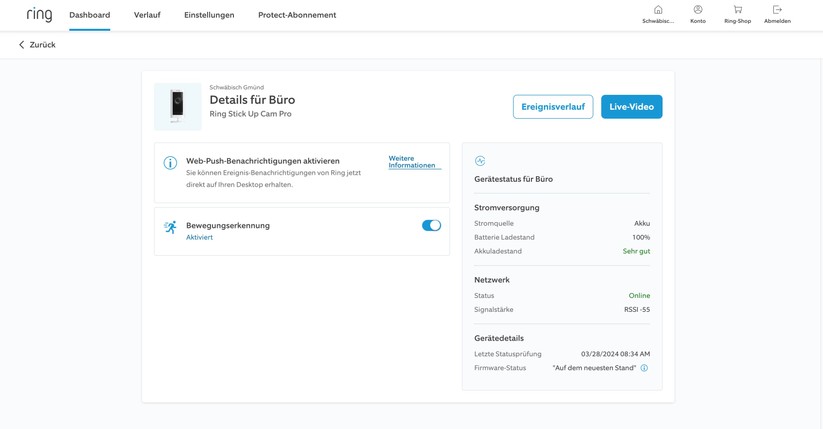 Ring Stick Up Cam Pro Akku: Neben der App können Anwender die Kamera auch per Browser steuern.