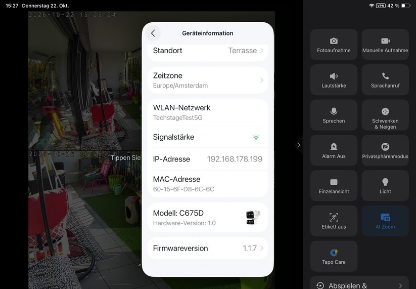 Die Tapo-App ist auch für Tablets optimiert. Sie reagiert zügig und stellt den Kamerastream nahezu verzögerungsfrei dar.