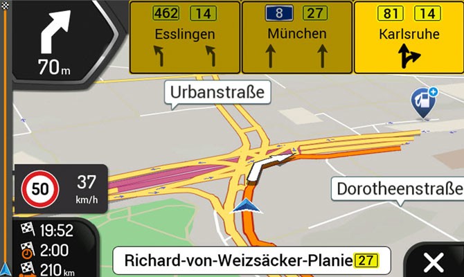 Gute Darstellung und Routenführung der Navigationsfunktion.