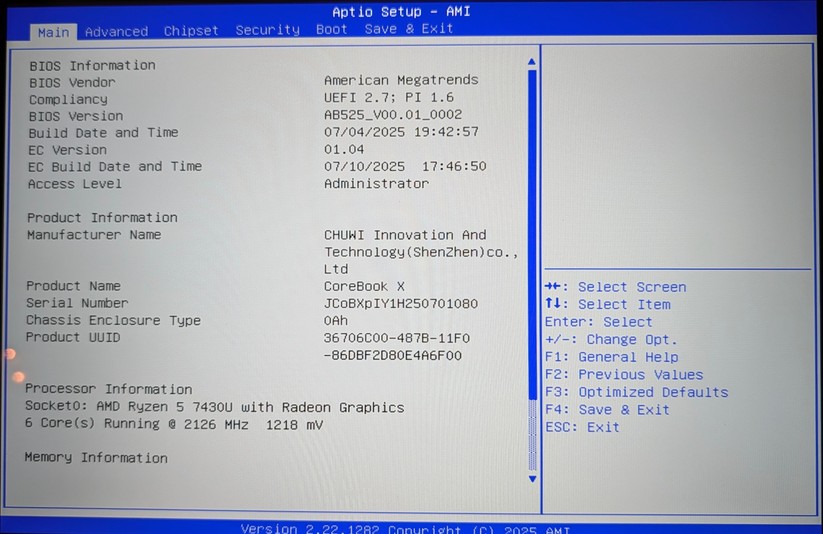 Chuwi Core Book X im Test: BIOS