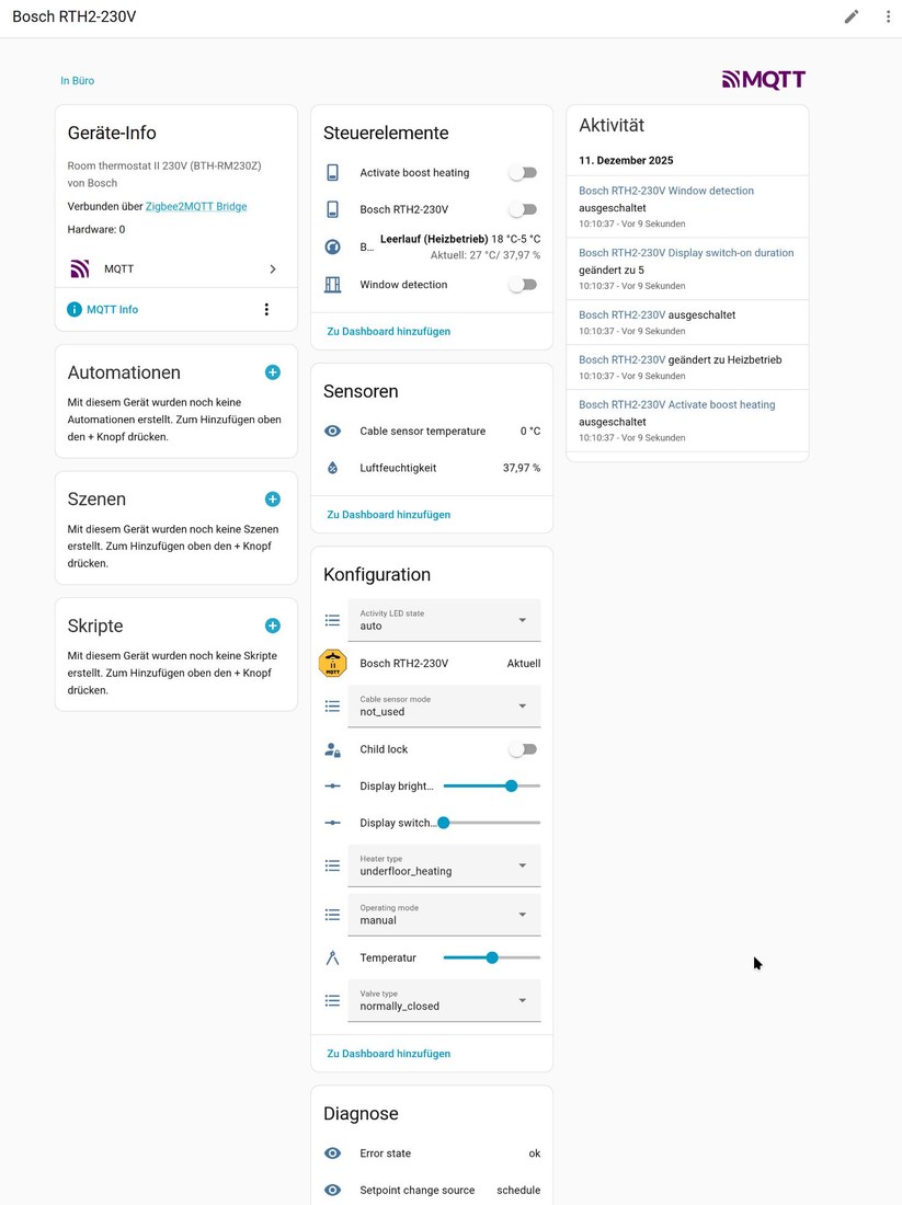 Bosch Raumthermostat II: Für die direkte Integration in Home Assistant ohne Bosch-Hub muss man beim Anlernen den Zigbee-Code hinzufügen. Erst damit erscheinen sämtliche Entitäten des Geräts unter Home Assistant.