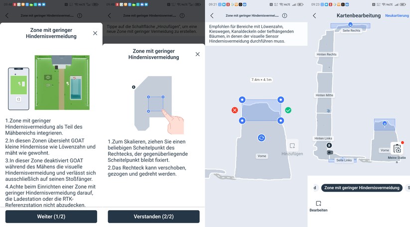 Hängen Äste in den Rasen bleibt im Standardmodus die darunterliegende Fläche ungemäht. Für solche Fälle bietet die App die Option „Zone mit geringer Hindernisvermeidung“. Damit wird die visuelle Hinderniserkennung deaktiviert. Lediglich per Bumper, also mit Kontakt, registriert der Mähroboter Hindernisse.