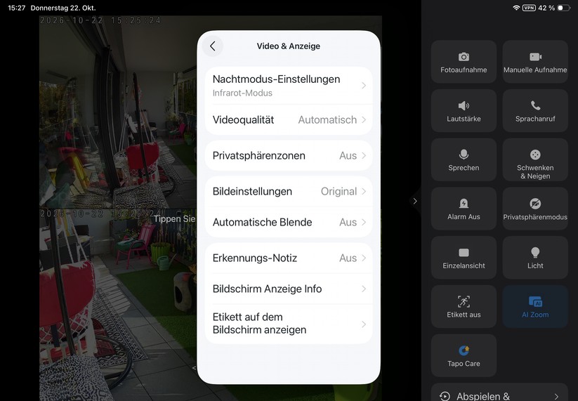 Die Tapo-App ist auch für Tablets optimiert. Sie reagiert zügig und stellt den Kamerastream nahezu verzögerungsfrei dar.