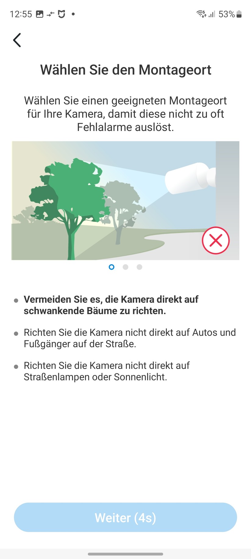 TP-Link C425: Das Set-up der Überwachungskamera erfolgt mit der Tapo-App, für die allerdings ein Konto erforderlich ist. Die App informiert dabei nicht nur die Funktionen der C425, sondern gibt auch Tipps zum Aufstellort.