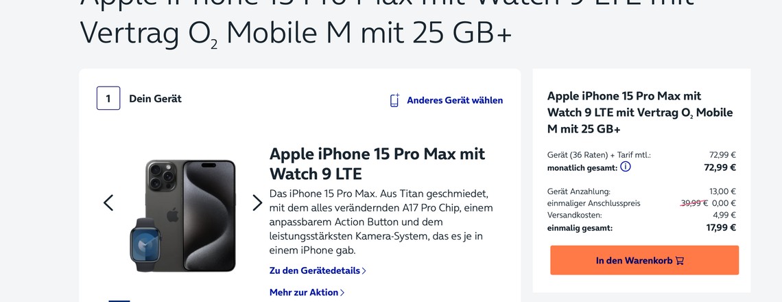Nur 13 Euro Anzahlung: iPhone 15 Max Pro & Apple Watch Series 9 im Bundle bei O2