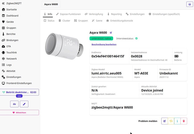 Die Integration des Aqara W600 in Home Assistant via Zigbee2MQTT bietet einen erweiterten Funktionsumfang gegenüber der Aqara-App. Ein deutlicher Mehrwert ist die Möglichkeit, die aktuelle Ventilposition abzurufen.