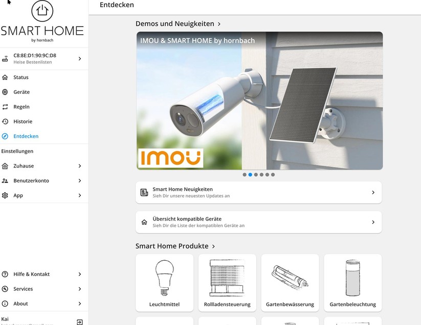Über smarthomebyhornbach.com können Anwender ihr Smart Home bequem vom Desktop aus verwalten. Die Web-Oberfläche bietet die gleichen Funktionen wie die App.