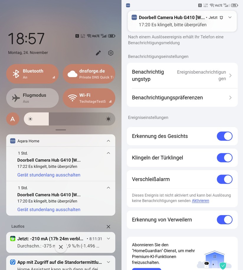 Benachrichtigungen verschickt der Aqara Doorbell Camera Hub G410 nicht nur zuverlässig, sondern auch zügig. Ebenso schnell erscheint der Livestream auf dem Smartphone-Display.