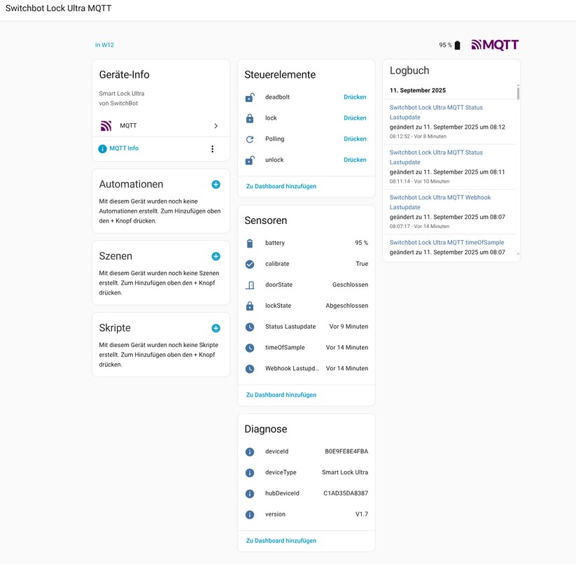 Switchbot Lock Ultra: Die Integration in Home Assistant ist über die Cloud, Bluetooth, Matter und MQTT möglich. Über MQTT wird auch das Ziehen der Falle angeboten. Allerdings funktioniert das nicht korrekt. Scheinbar wird die Kalibrierung über MQTT bei diesem Befehl nicht berücksichtigt. 