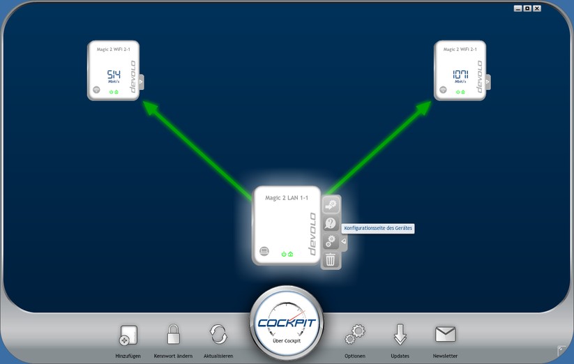 Die Software „devolo Cockpit“ wirkt im Vergleich zur Handy-App „Devolo Home Network“ ein bisschen angestaubt (Screenshot: Harald Karcher / mit Devolo Cockpit Software).