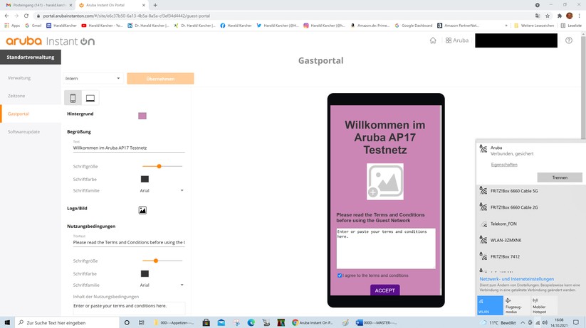 Das Anlegen eines Empfangs-Portals für WLAN-Gäste, war also super easy.Verwirrend war nur: Der Aruba AP17 hat auch viele Stunden später noch immer kein WLAN-Gastnetz ausgestrahlt. Wir wissen nicht, ob das am AP17 liegen kann, oder an der Cloud, oder ob das Gastportal im Solo-Betrieb hinter eine Fritzbox ohne Aruba-Switch eventuell grundsätzlich gar nicht funktioniert.