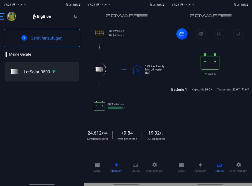 Big Blue Energy Powafree: Die App zeigt den aktuellen Stromfluss, den Status der Batterie und informiert anhand von Verlaufsdaten, wie hoch die Energieproduktion in der Vergangenheit ausgefallen ist.