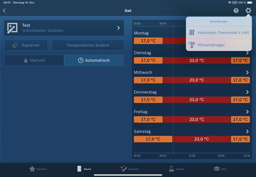 Die Bosch Smart Home App ist auch für Tablets optimiert. Sie ist übersichtlich und lässt sich in der Regel leicht bedienen. Etwas umständlich ist allerdings, dass man das Thermostat nicht auf der Geräteseite ein- und ausschalten kann. Stattdessen muss man dafür den Klimamanager und die Option Heizpausen & Kühlen verwenden.