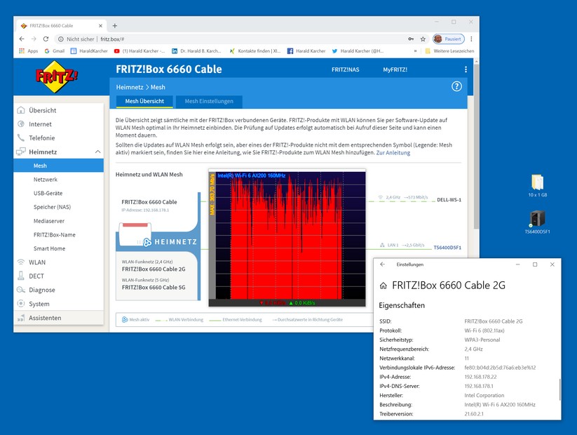 Download vom NAS-Speicher über die AVM FRITZ!Box 6660 Cable auf den 11ax-Tower im 2,4 GHz-Band: Spitzen bis 363 MBit/s. Durchschnitt um die 290 MBit/s (Bild: Harald Karcher).