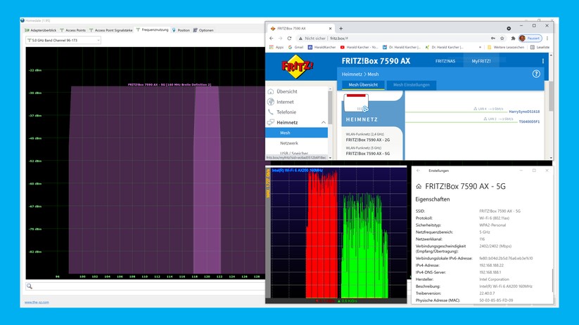 Messung bei 5 GHz: Rot = Simultaner Download von je 10 GigaByte vom Syno-NAS und vom Buffalo-NAS. Grün = Upload der beiden 10 GB Dateien auf die beiden NAS-Stationen: Die Balken sind viel schmäler als vorhin bei 2,4 GHz, weil die Dateien jetzt, bei 5 GHz, viel schneller übertragen werden. Linke Bildhälfte: Lila: Im 5 GHz Band funken uns überhaupt keine fremden WLANs aus der Nachbarschaft dazwischen. Auch deshalb kommen die Daten hier viel schneller (Screenshot: Harald Karcher).