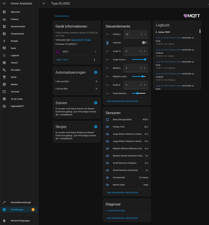 Präsenzsensoren in Home Assistant: Tuya ZG-205Z
