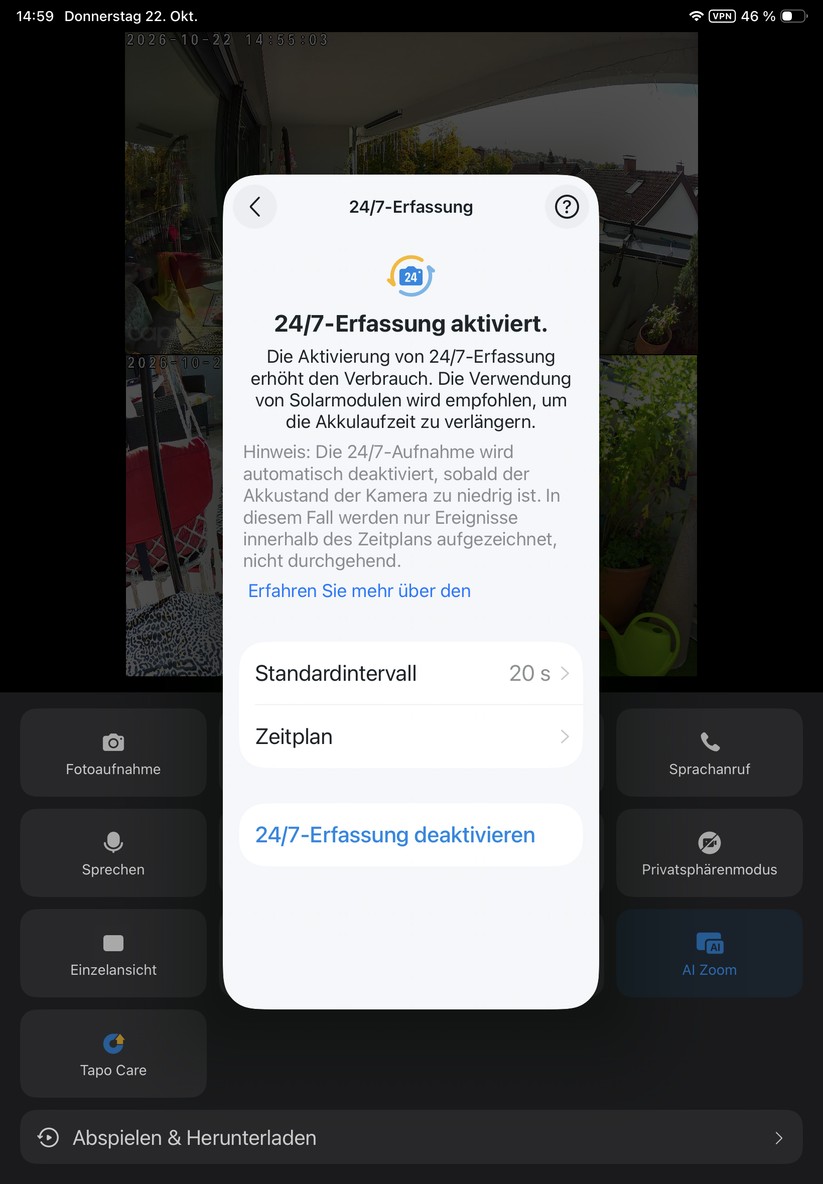 Die Tapo C675D bietet auch eine 24/7-Aufnahme.