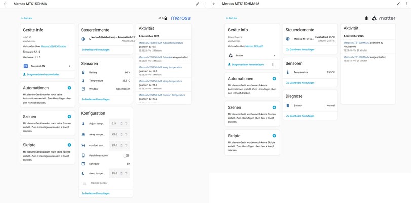 Meross MTS150: Die Integration per Matter bietet leider keinen vollständigen Zugriff auf das Thermostat. Unter Home Assistant gibt es aber eine lokale Integration, mit der Anwender sogar noch mehr von dem Gerät erfahren als mit der Meross-App. So sieht man hier etwa den aktuellen Status der Batterien.