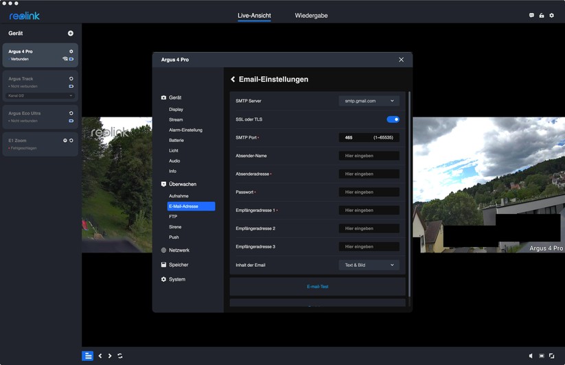Argus 4 Pro: Reolink bietet auch eine leistungsfähige Desktop-App, mit der man etwa einen FTP-Upload und auch eine E-Mail-Benachrichtigung konfigurieren kann. 
