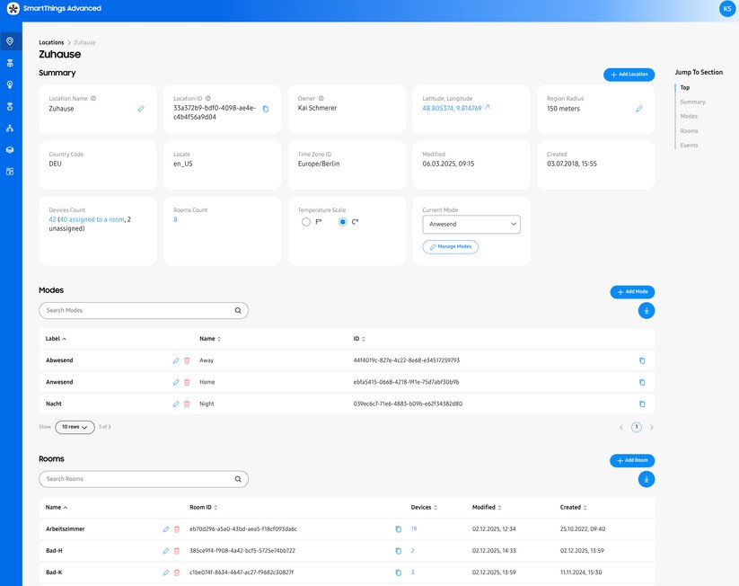 Unter https://my.smartthings.com/ erhalten Anwender interessante Einblicke in das Smartthings-System. Dort werden etwa die installierten Geräte aufgelistet, samt relevanten Betriebsdaten und ob die Ausführung lokal oder per Cloud unterstützt wird.  