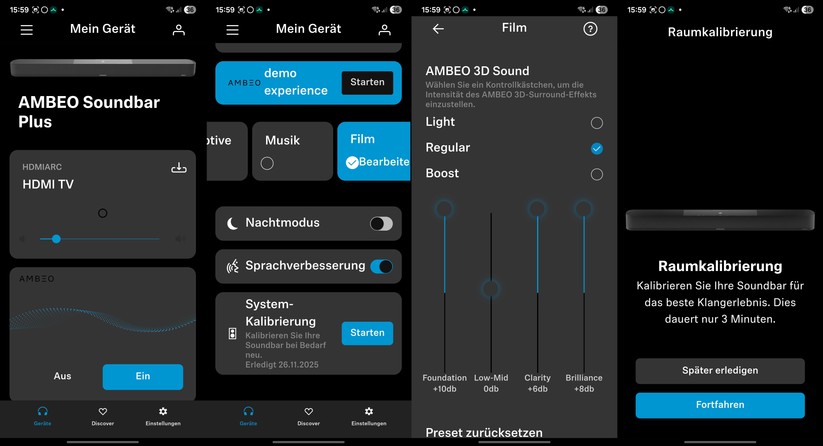 Die Smart Control-App bietet für die Bedienung die meisten Optionen, außerdem führt sie Schritt für Schritt durch die Einrichtung. Sie bietet Firmware-Updates, Quellenwahl, Equalizer-Einstellungen, Pegel und die Intensität des Ambeo-Modus. Besonders wichtig: Hier finden Nutzer die für den optimalen Sound wichtige automatische Raumkalibrierung.