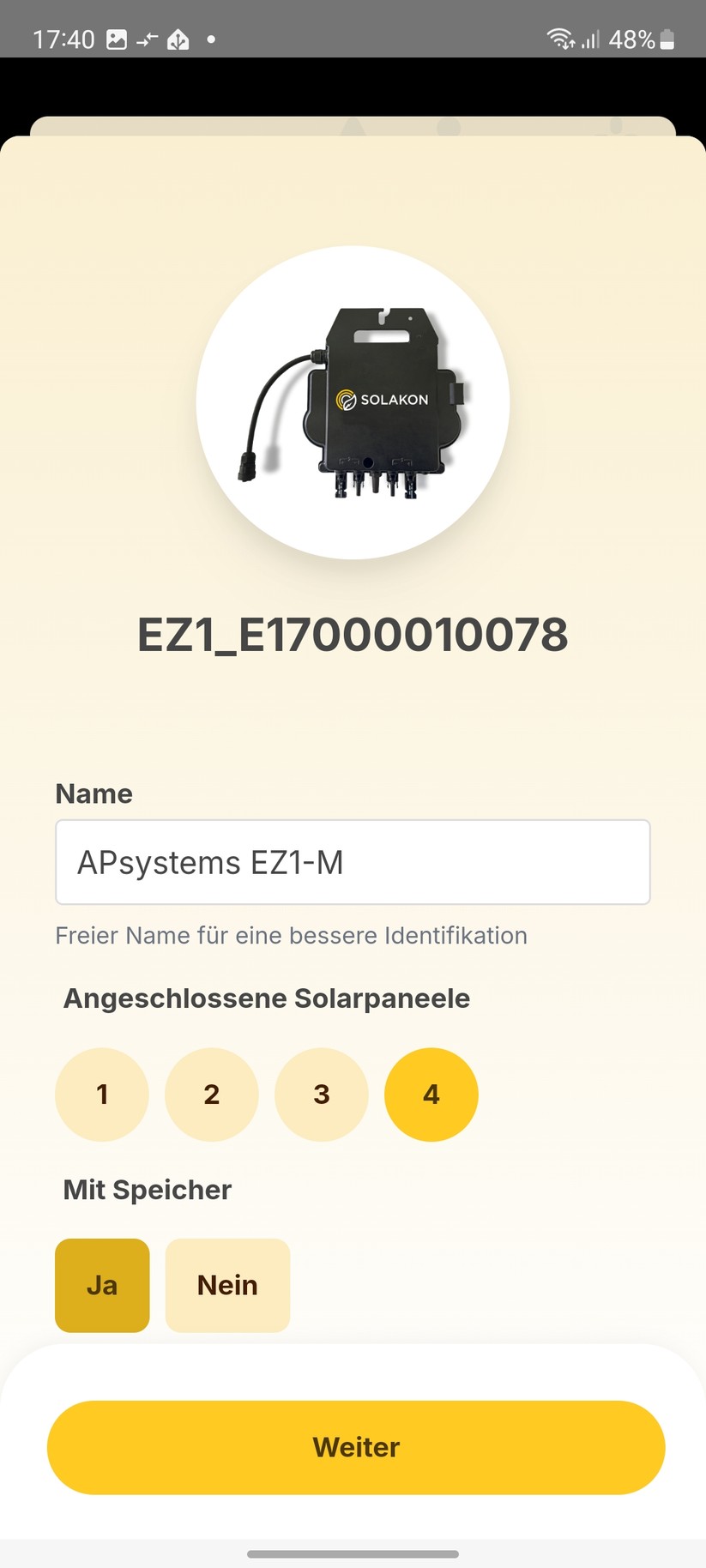 Solakon-App zur Einrichtung des APsystems-Wechselrichter EZ1-M