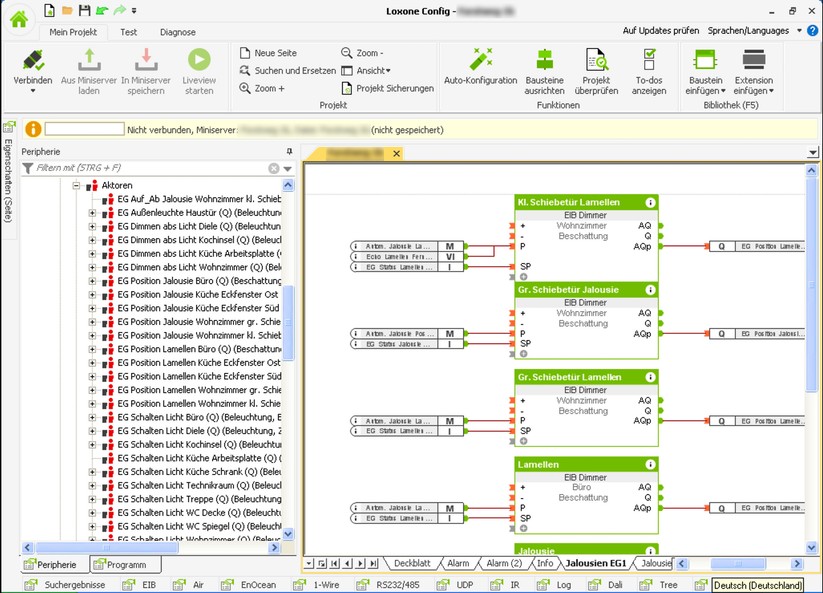 Die Loxone-Programmiersoftware ist deutlich „einsteigerfreundlicher“ und als ETS, außerdem unterstützt Loxone ab Werk Logiken – bei KNX sind dafür Zusatzmodule nötig. Oder eine andere Lösung wie Loxone in Kombination.
