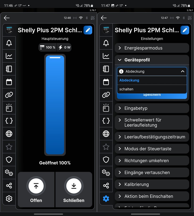 Shelly Plus 2PM: Für die Rolladensteuerung muss man in der Shelly-App das Geräteprofil von Schalten auf Abdeckung umstellen.