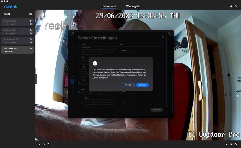 Reolink E1 Outdoor Pro: Dank Onvif-Kompatibilität können Anwender die Reolink-Kamera auch mit Dritthersteller-Lösungen wie Synology Surveillance Station betreiben. Onvif kann man über die Desktop-Anwendung aktivieren.