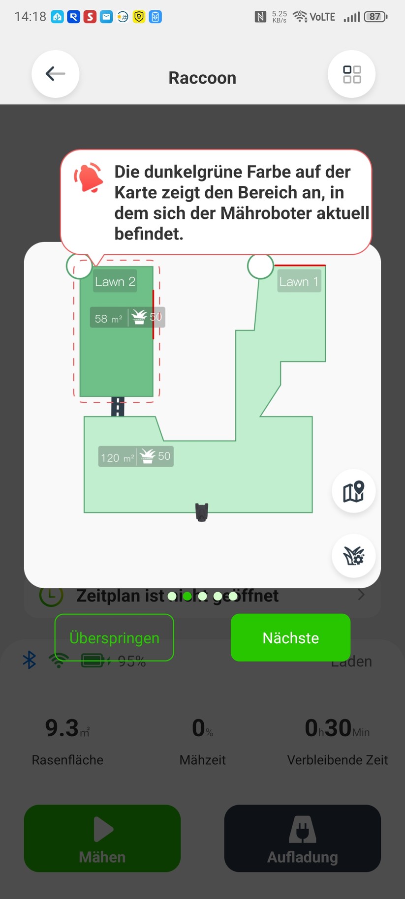 Im zweiten Test-Garten, der von festen Begrenzungen und einer Terrasse mit Steinplatten umgeben ist, funktioniert das Auto-Mapping einwandfrei.