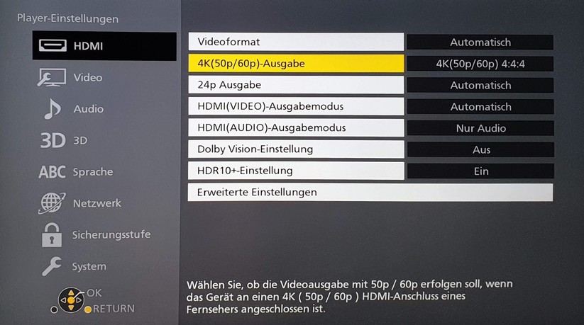 Gute Player bieten zahlreiche Einstellungen, hier bei einem Panasonic-Gerät. 