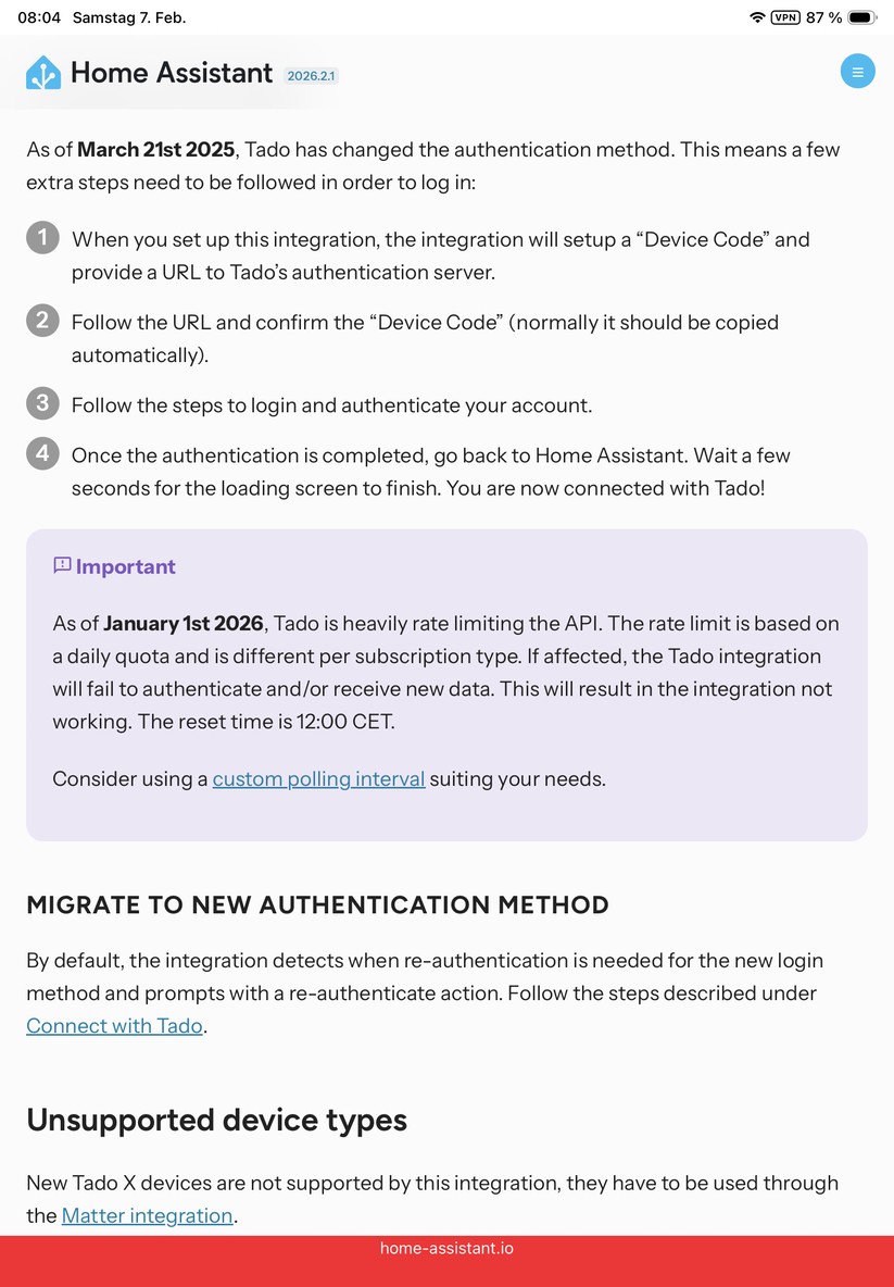 Die Community-Integration erfolgt über die Tado-Cloud, die allerdings die API-Abfragen begrenzt. Über Matter erfolgt die Integration hingegen direkt, diese bietet aber weniger Funktionen.