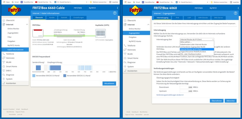 Die Fritzbox 6660 (linkes Fenster) holt das Internet mit nominal 1150 zu 56 Megabit pro Sekunde aus einem Vodafone-Kabel-1000-Anschluss und gibt es an die 4060 (rechts im Fenster) weiter. Im Prinzip nutzen wir die 6660 (links) hier nur als externes Kabelmodem  für die 4060 (rechts im Bild).