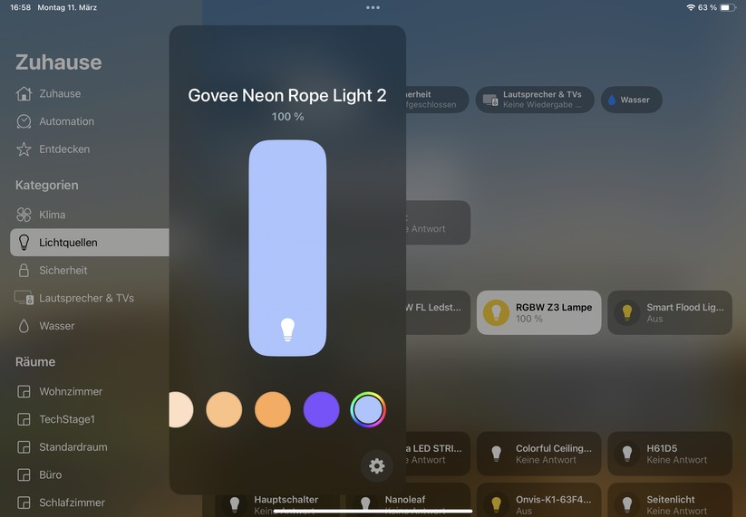 Die Einbindung in Apple Home über Matter gelingt problemlos. Die Konfigurationsmöglichkeiten sind aber begrenzt. Für Animationen und Segmentsteuerung muss man daher die Govee-App verwenden.