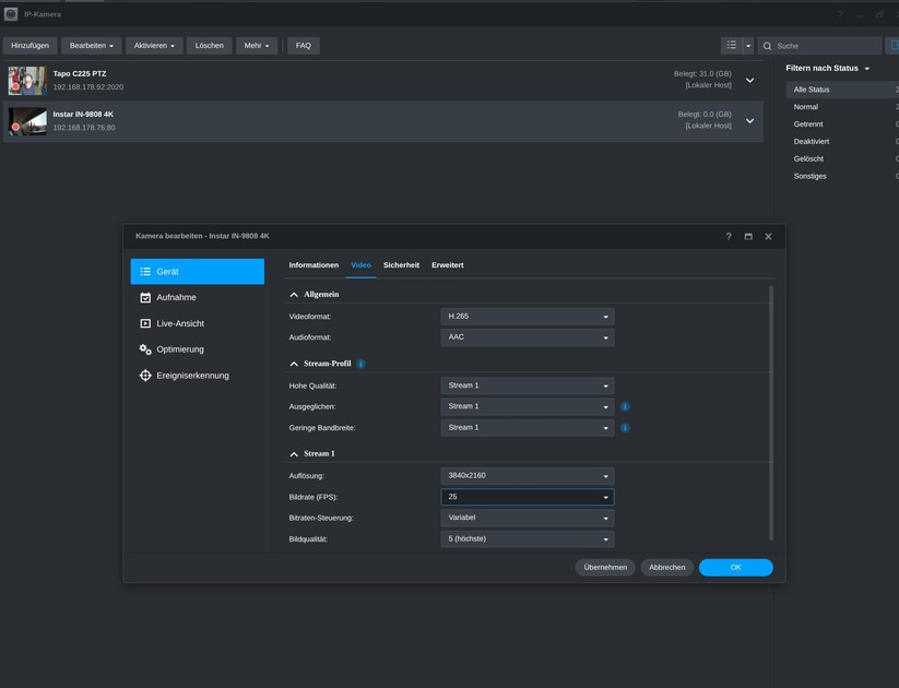 Die Integration in Synology Surveillance Station ist problemlos möglich.