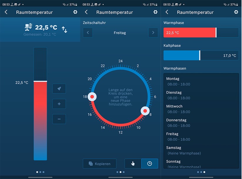 Das Erstellen von Heizplänen für das Bosch Heizkörper-Thermostat II ist sehr komfortabel gelöst. Wer einen Heizplan erstellt hat, kann diesen einfach auf andere Tage übertragen.