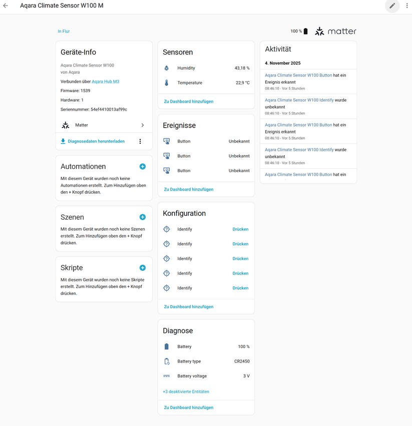Mit Zigbee stehen auch unter Home Assistant nahezu sämtliche Funktionen des Thermostats zur Verfügung, die es in Kombination mit dem Aqara-Hub M3 bietet. Allerdings ist die Konfiguration etwas aufwendiger. Das Gleiche gilt für den Climate Sensor W100.