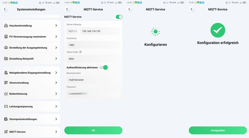  Dank neuer App und aktualisierter Firmware kommuniziert der MS-A2 lokal über einen MQTT-Server. Damit kann der Speicher in Home Assistant und anderen Smart-Home-Plattformen mit MQTT-Unterstützung wie Iobroker ohne Umwege über die Hoymiles-Cloud lokal integriert werden.