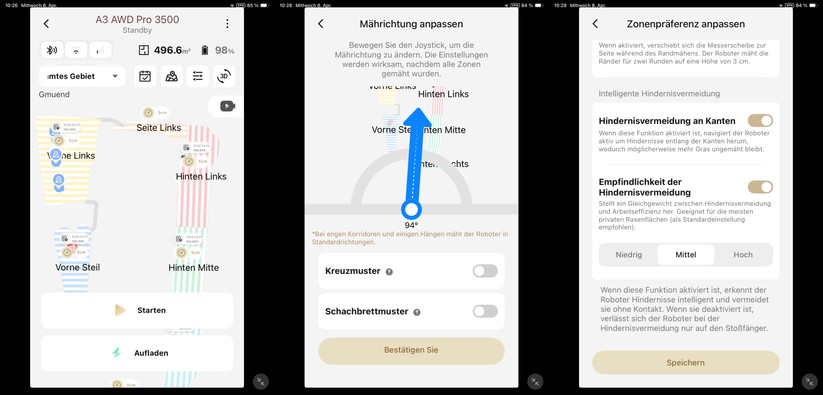 Die Dreame-App erlaubt eine Anpassung der Mähparameter wie Mährichtung pro Zone. Die optimale Mährichtung  mit wenig Wendemanövern ist aber nicht immer sinnvoll. Bei steilem Gelände (Vorne Steil) würde die optimale Mährichtung quer zur Hangneigung verlaufen. Doch bei dem steilen Gelände kann der A3 wie auch andere Mähroboter die Spur nicht halten und muss wiederholt korrigieren. Das führt speziell bei nassem Untergrund zu Schäden am Rasen.