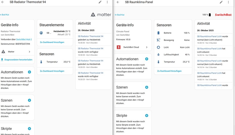 Das Switchbot-Heizkörperthermostat und das Home Climate Panel lassen sich per Matter auch in andere Smart-Home-Zentralen integrieren. Allerdings stehen über Matter nicht alle Sensordaten zur Verfügung. Dafür sorgt unter Home Assistant die Integration Switchbot Cloud, womit sich aktuell aber nur das Panel einbinden lässt. Laut Switchbot soll die Einbindung des Thermostats über diese Integration in Zukunft möglich sein.
