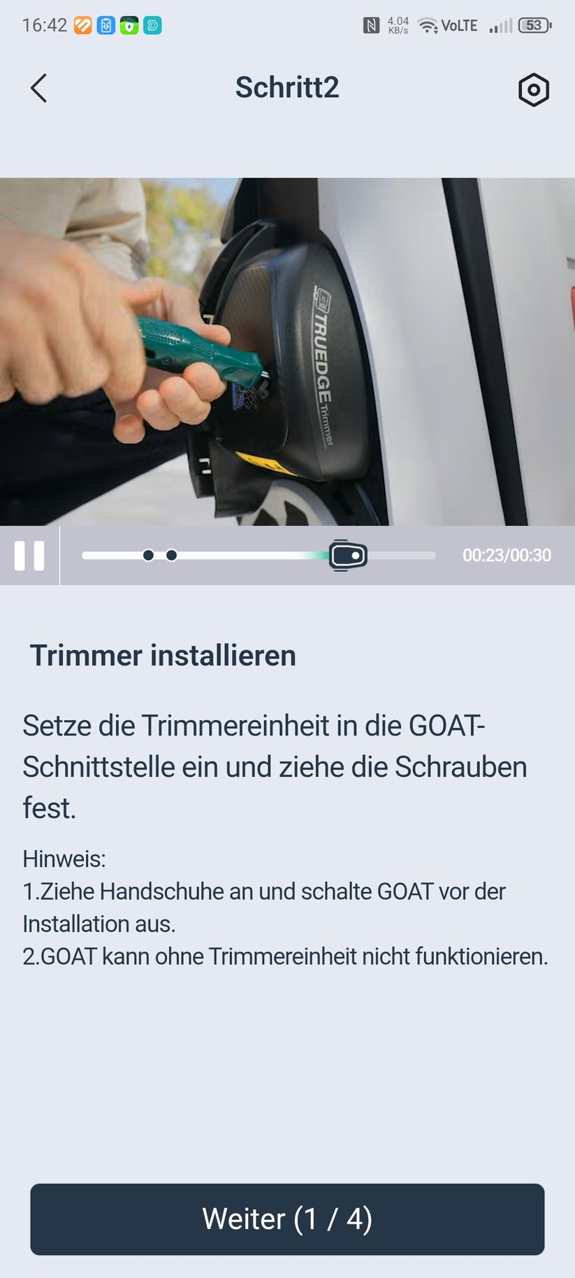 Die App bietet eine detaillierte Montageanleitung, sodass man das Handbuch dafür nicht benötigt.