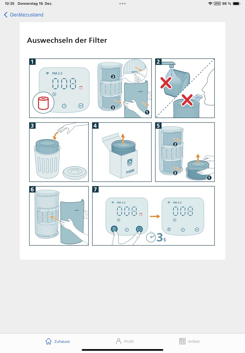 Mit der App Air+ können Anwender den Philips-Lufteiniger nicht nur einfach steuern und Zeitpläne anlegen. Sie bietet auch Informationen zur Funktionsweise des Geräts und zur Luftqualität. Außerdem integriert sie das Benutzerhandbuch und erläutert die Vorgehensweise für Reinigung und Austausch der Filter. 