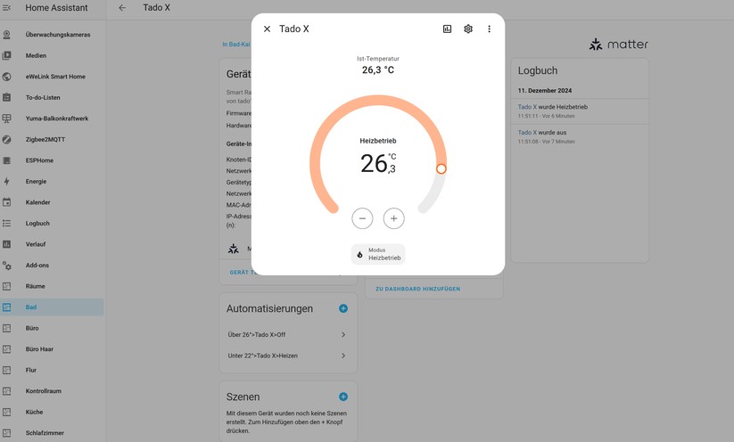 Auch unter Home Assistant funktioniert Tado X. Über Matter stehen allerdings nur wenige Funktionen zur Verfügung. Heizpläne lassen sich aber über Automatisierungen nachbilden. Und mit einem Tür-/Fenster-Sensor können Anwender eine deutlich effizientere Methode zur Fenster-Offen-Erkennung umsetzen als die auf einem Temperaturabfall basierende Methode in der Tado-App.