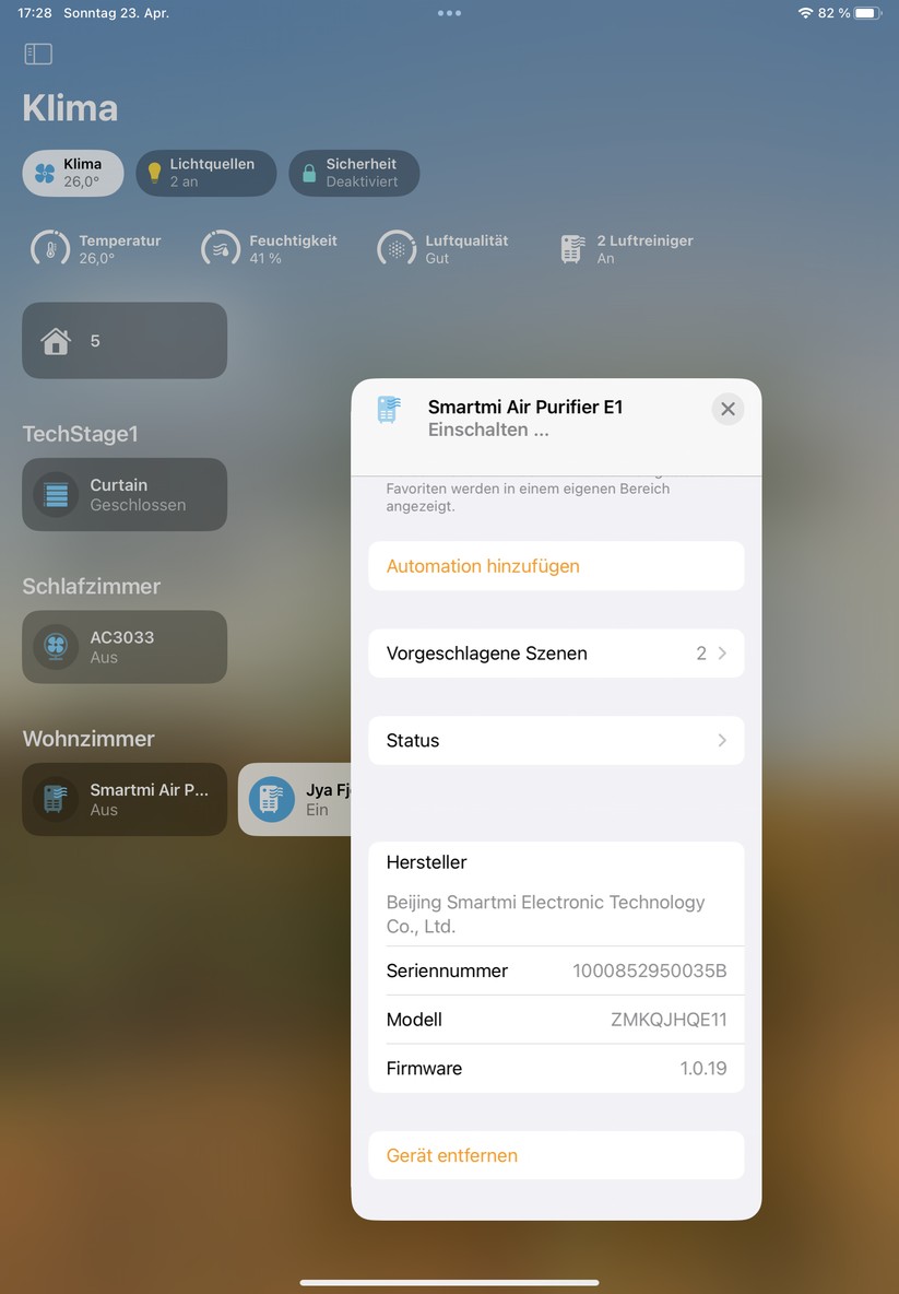 Smartmi Luftreiniger E1: App, Homekit, Automatisierungen, Leistungsaufnahme
