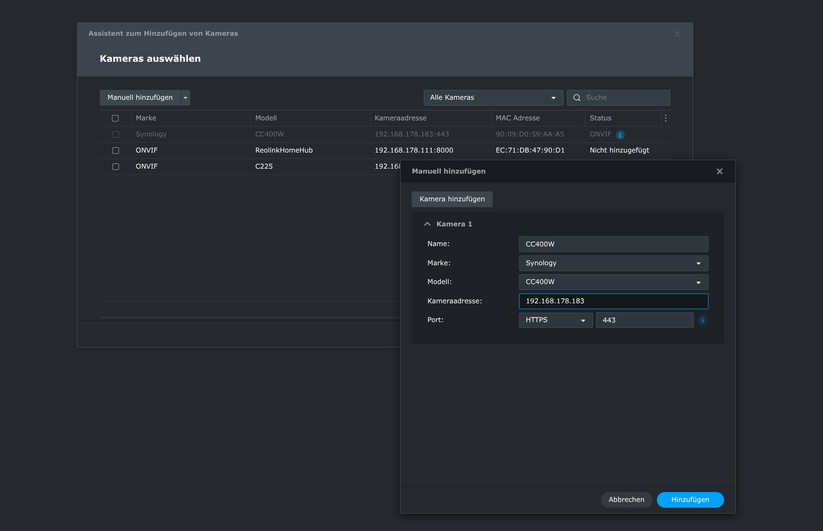 Die CC400W bietet auch einen Zugriff per Browser. Dort kann man sie auch auf Onvif umstellen, um sie etwa mit Hoem Assistant zu steuern. Allerdings steht sie in diesem Fall nicht mehr unter Synology Surveillance Station zur Verfügung, respektive die Einbindung per Onvif führt dort zu Verbindungsabbrüchen. 