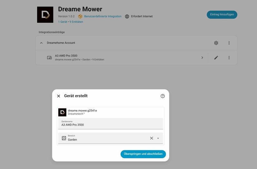 Dreame A3 AWD Pro 3500: Für Home-Assistant gibt es eine community-basierte Integration, die allerdings an die Dreame-Cloud gekoppelt ist. Eine lokale Ansteuerung ist nicht möglich. Mit der Integration hat man Zugriff auf viele Betriebsdaten wie dem Akku-Status und dem Mähfortschritt.
