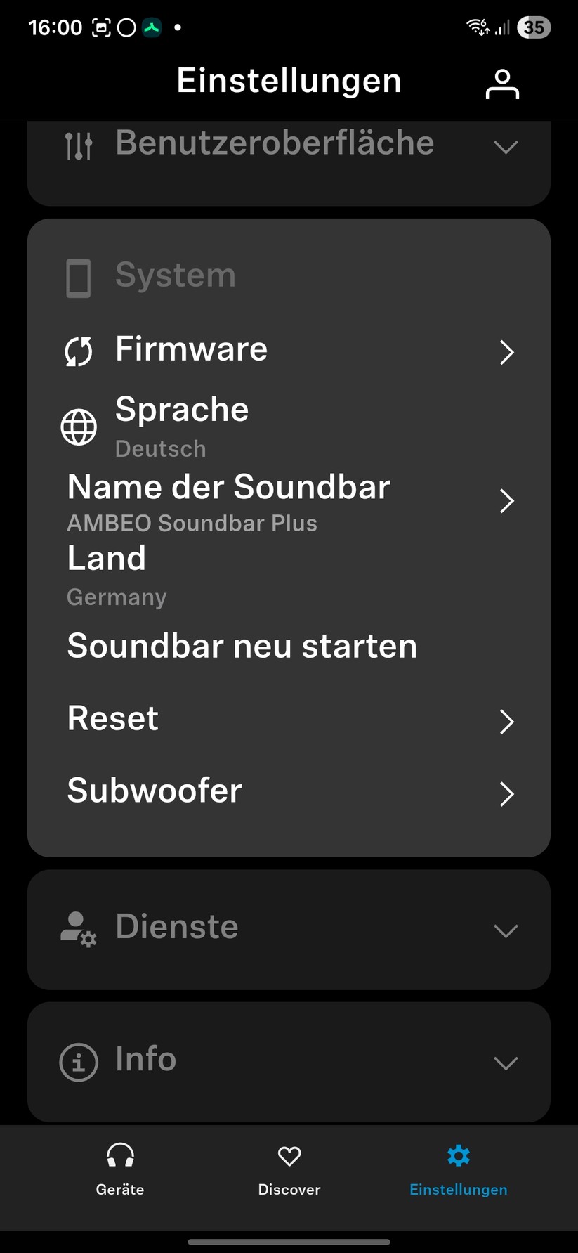 Die Smart Control-App bietet für die Bedienung die meisten Optionen, außerdem führt sie Schritt für Schritt durch die Einrichtung. Sie bietet Firmware-Updates, Quellenwahl, Equalizer-Einstellungen, Pegel und die Intensität des Ambeo-Modus. Besonders wichtig: Hier finden Nutzer die für den optimalen Sound wichtige automatische Raumkalibrierung.