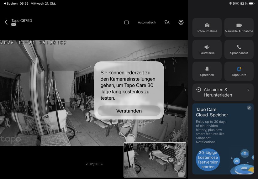 Die Tapo-App ist auch für Tablets optimiert. Sie reagiert zügig und stellt den Kamerastream nahezu verzögerungsfrei dar.