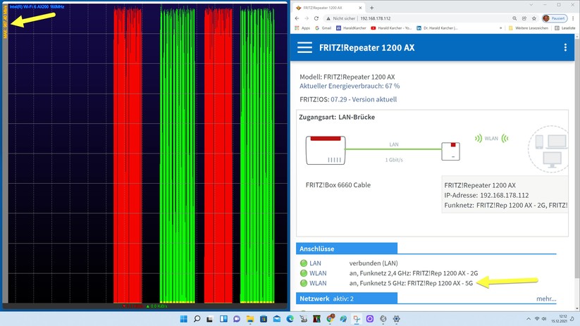Im Downstream (rot) und im Upstream (grün) sehen wir Netto-Spitzen bis zu 967 Megabit pro Sekunde, wenn wir im schnellen 5 GHz Band messen. Das heißt, auf kurze Distanz ist der AVM Repeater 1200 AX schön schnell.