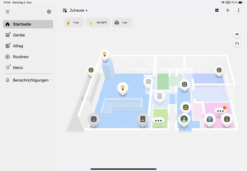 Die Smartthings App ist nicht nur für Smartphones, sondern auch für Tablets optimiert. Gerade die hübsche 3D-Darstellung, die die App mithilfe eines Grundrissplans erzeugt, sieht erst auf dem Tablet richtig gut aus. Eine Desktop-Oberfläche per Browser oder mit der Windows-App parat. Die Oberfläche wirkt aufgeräumt und sollte selbst Anfänger vor keine allzu großen Probleme stellen. 